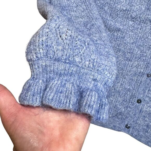 Boden Wool Blend Lace Pointelle Blue Fluffy Cardigan Ruffle Cuffs Sz 14 - Picture 4 of 9